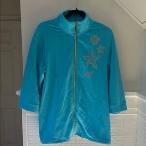 The Quacker Factory Blue 3/4 Sleeve Jacket with Gold Sequin Starfish Medium
